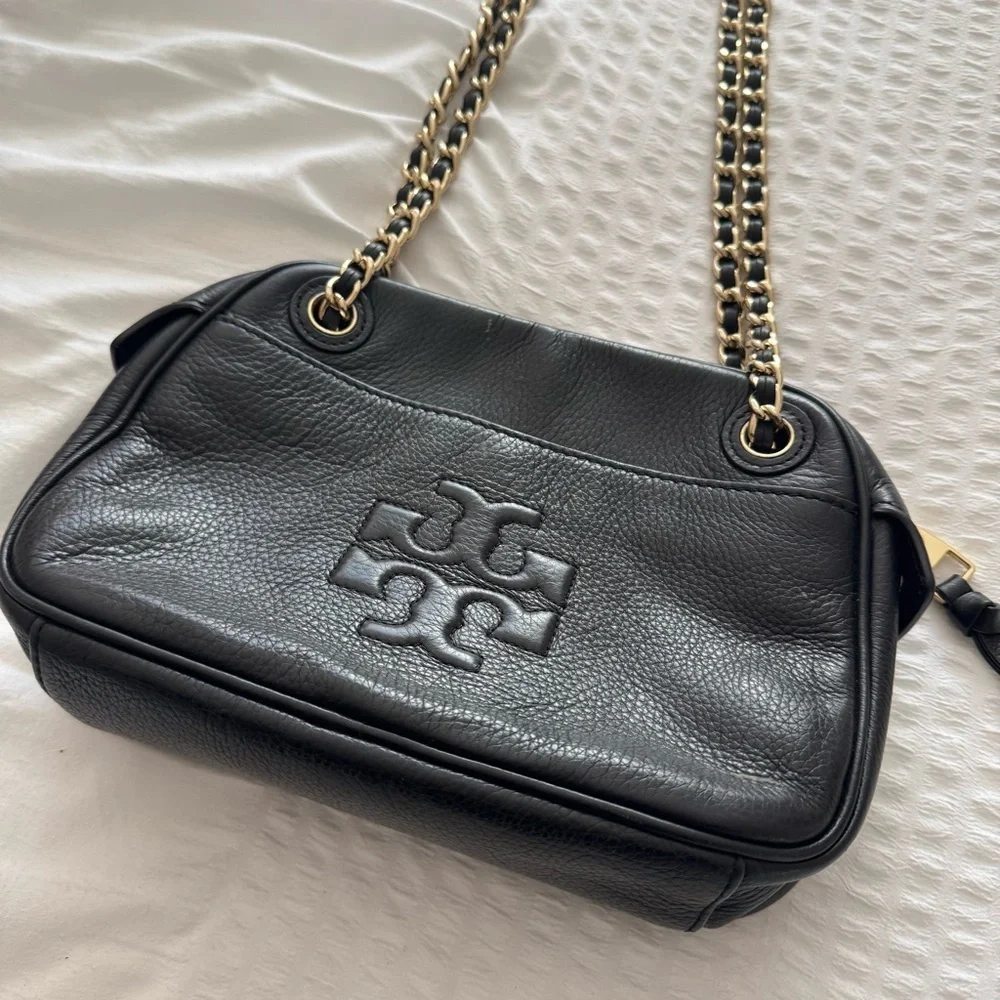 Tory Burch Thea Black Leather Crossbody Bag with Chain Strap and tassel